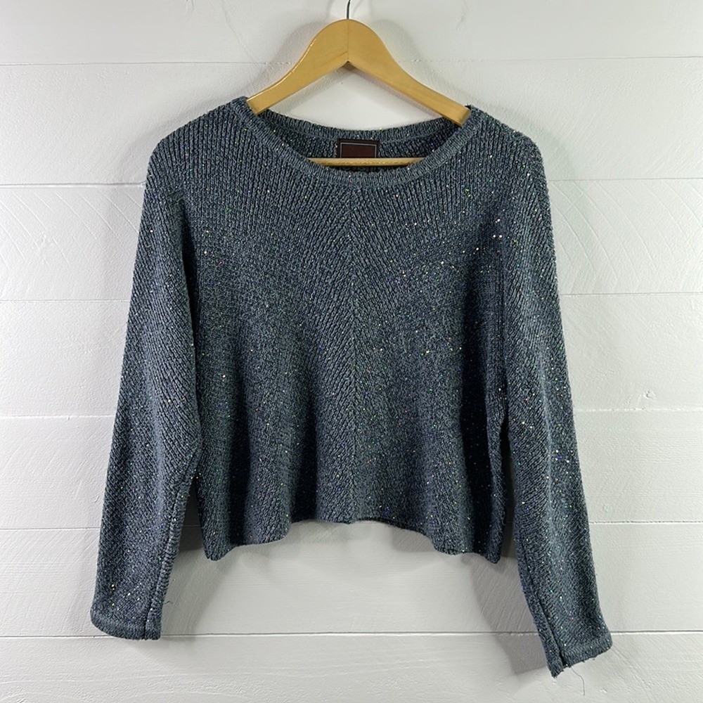 EVEN Dusty Blue Sequin Knitted Crew Neck Cropped Long Sleeve Sweater Size Small‎